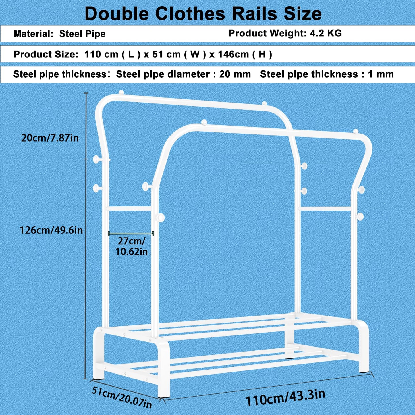 OPPAIYA Heavy Duty Clothes Rail with Double Hanging Rods & 8 Hooks,Clothing Rack with Wide Bottom Base