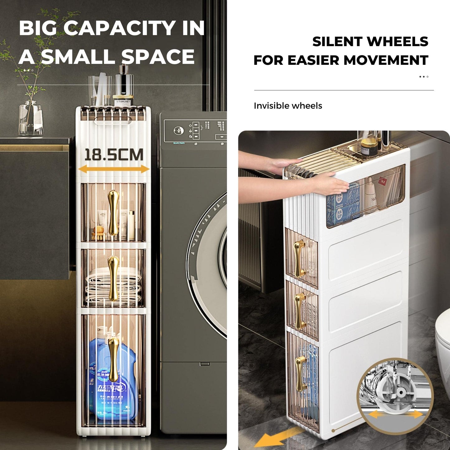 MAGIC SELECT Narrow Bathroom Organizer. Auxiliary Storage Cabinet with Wheels for Narrow Places. Side Cabinet with 3 Compact Drawers for Toilet Paper
