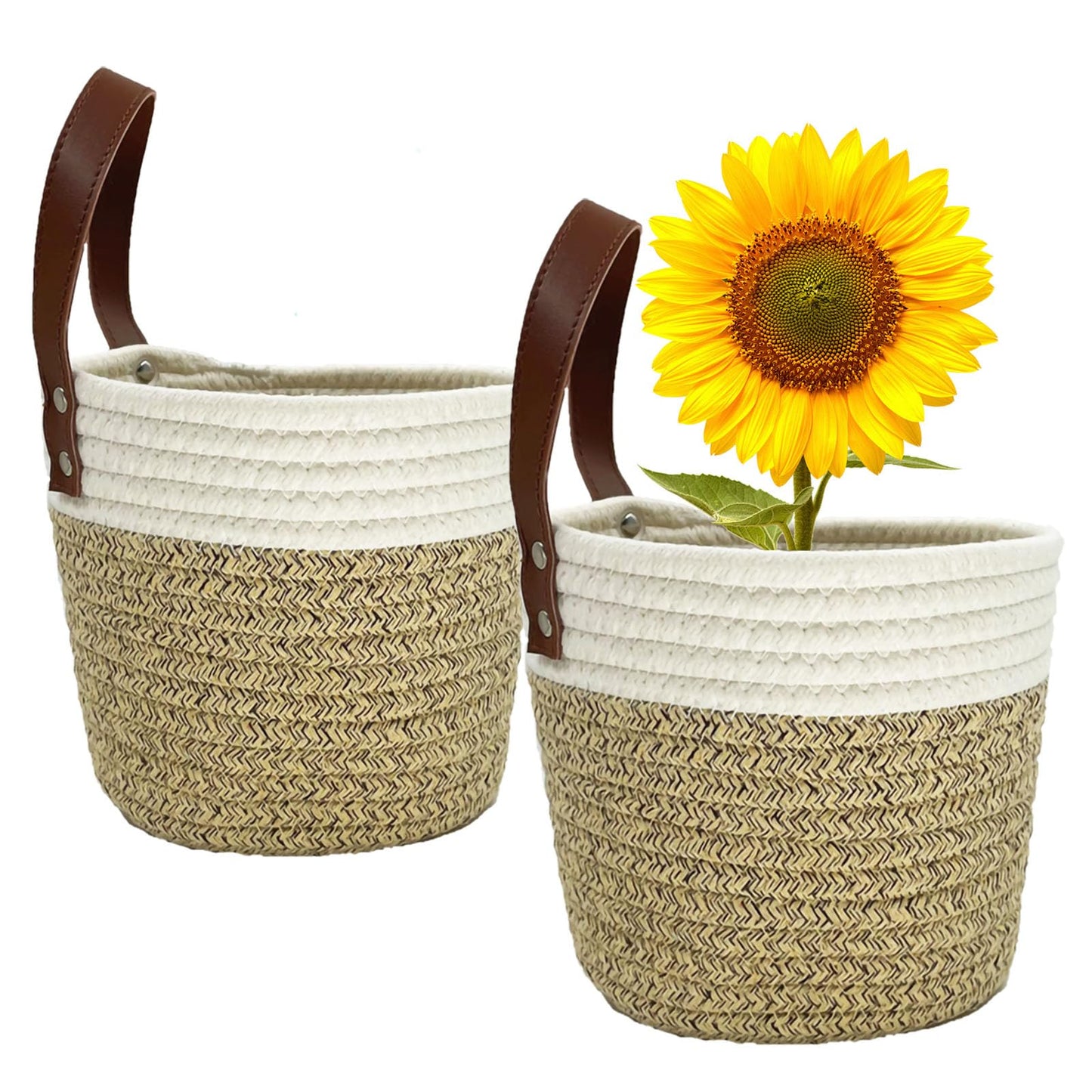 SOQKEEN Hanging Storage Baskets 2 Pack, Cotton Rope Basket, Beige & Brown