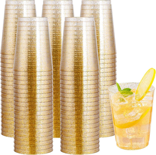 Gikisla 50pcs Gold Plastic Cups, 300ml Hard Gold Plastic Tumblers for Cocktail and Drinking, Reusable Clear Drink Cups for Fancy Wedding,