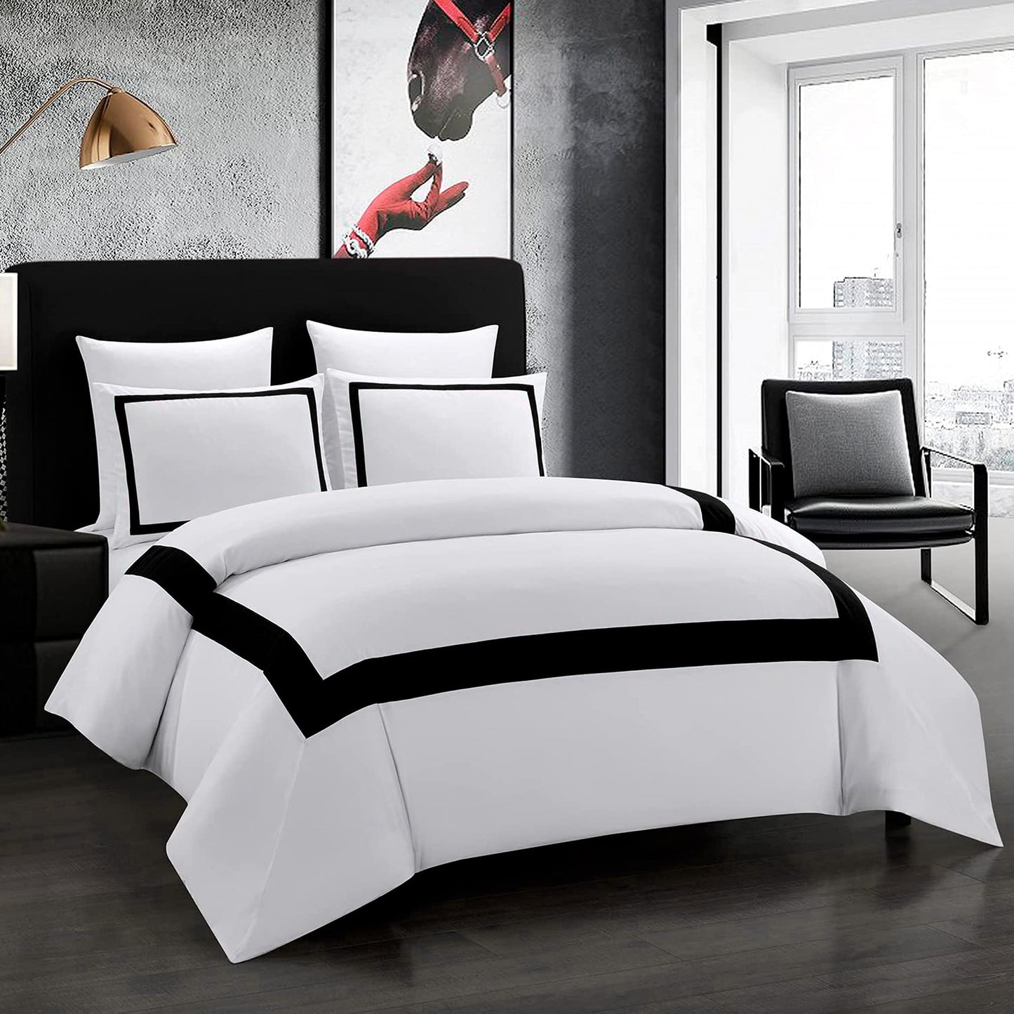 OSVINO Hotel Duvet Cover Set 3Pcs Microfiber Simple Line Style Bedding Set Ultra Soft Quilt Cover Set with Pillowcases, Black, Double