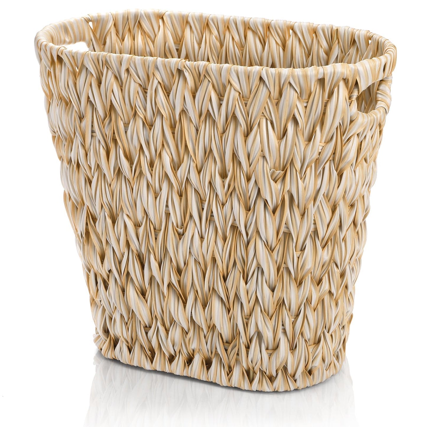 Pumtus Wicker Waste Bin, Plastic Woven Trash Basket with Built-in Handles, Bathroom Garbage Storage Can, Boho Rubbish Container for Bedroom, Bathroom