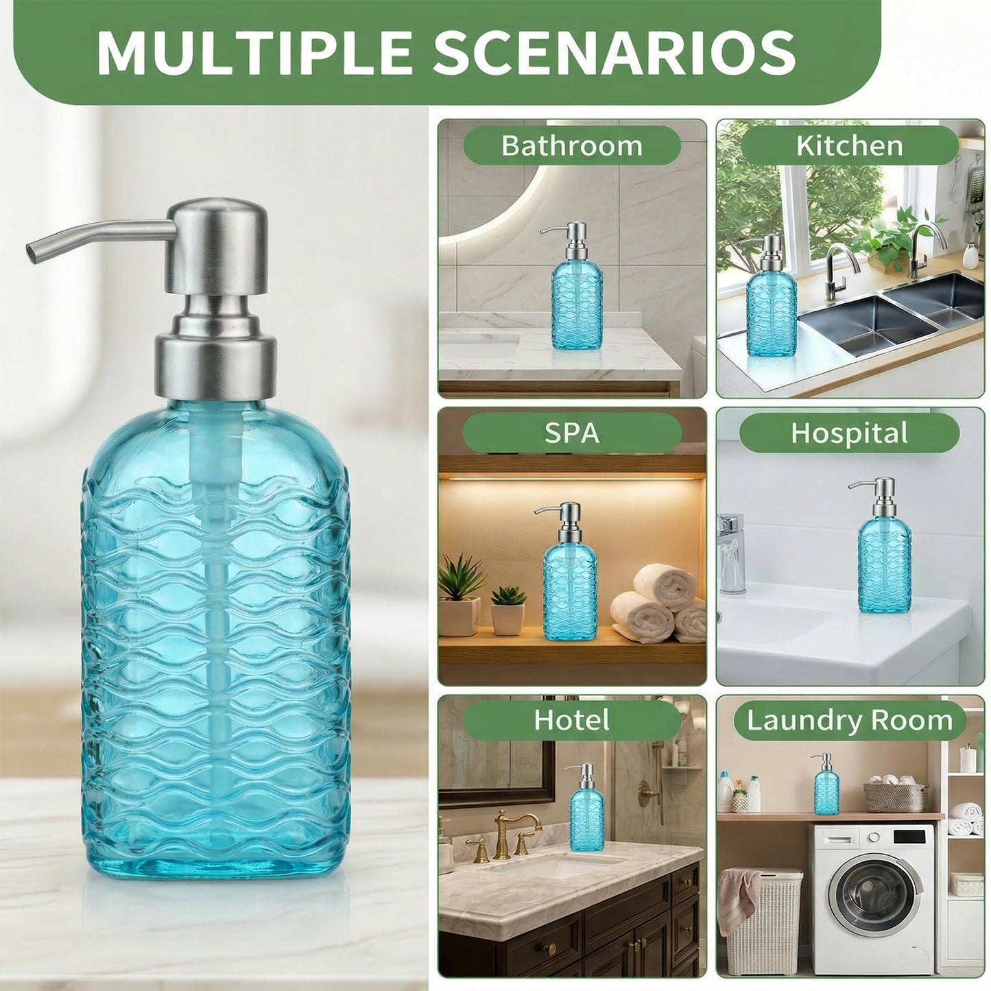 Glass Soap Dispenser Blue - 400ml Hand Soap Dispenser with Stainless Steel Pump Ripple Square Liquid Hand Jar Refillable Glass Bottle for Bathroom