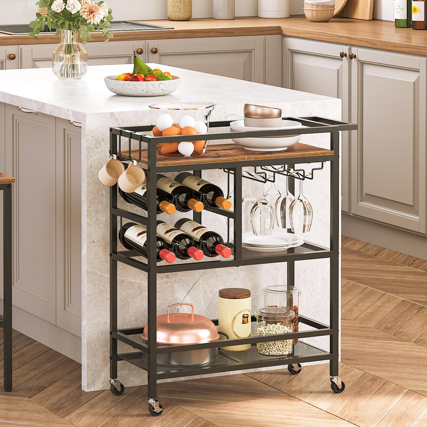 MAHANCRIS 3-Tier Drinks Trolley, Bar Cart for Home, Serving Trolley