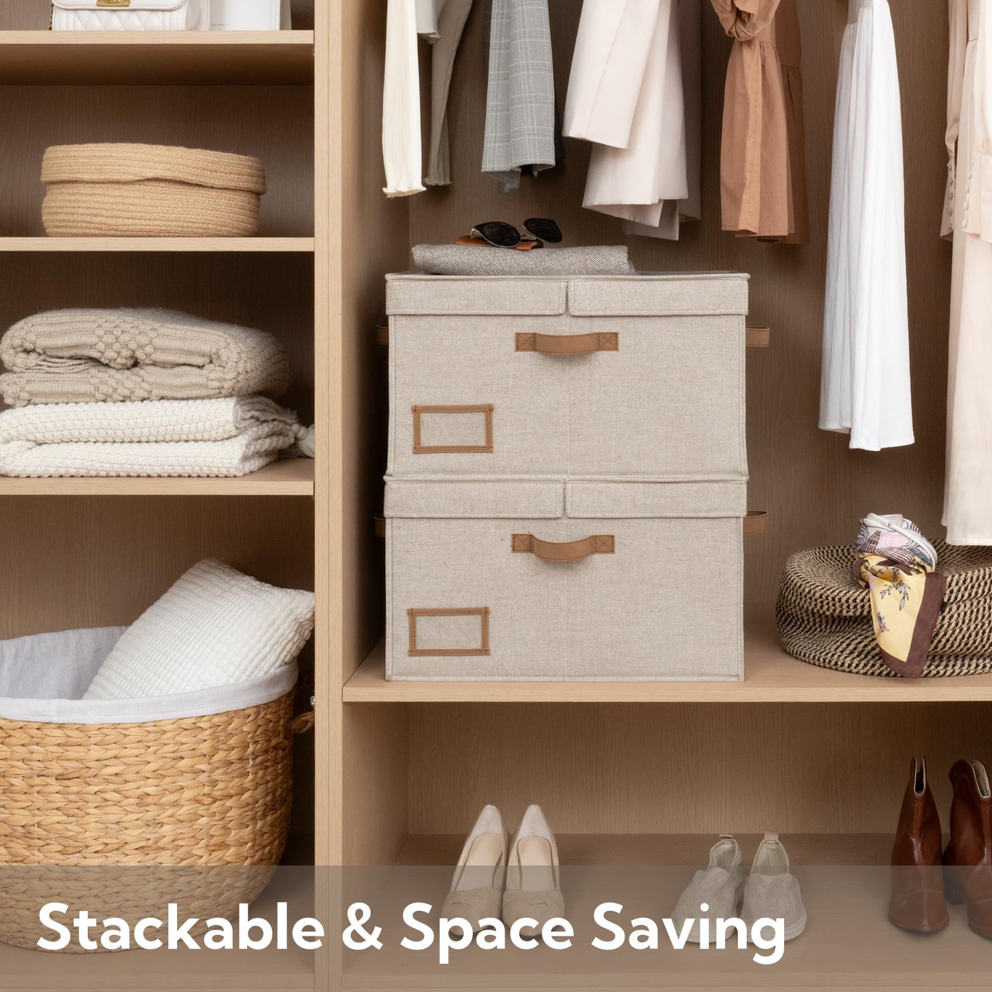 StorageWorks Large Fabric Storage Boxes with Lids, Foldable Storage Boxes with Lids and Divider Boards, Wardrobe Storage Organisers for Clothes