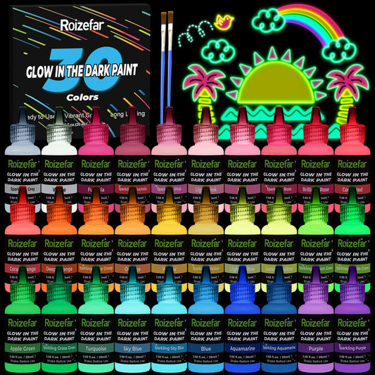 Roizefar Glow in the Dark Paint, 30 Colours x 20 ml Paints, Long-Lasting Sparkling Luminous Glow Fabric Paint for T-Shirt, Canvas, Ideal for Art