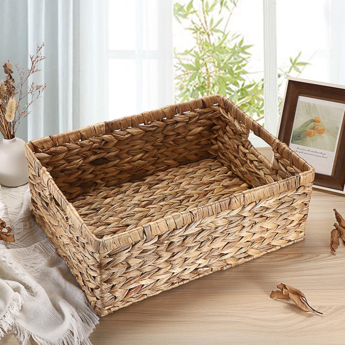 IGNPION Water Hyacinth Storage Opened Basket Living Room Decorative Baskets Woven Wicker Towel Basket with Handles Bathroom Storage Organiser Box