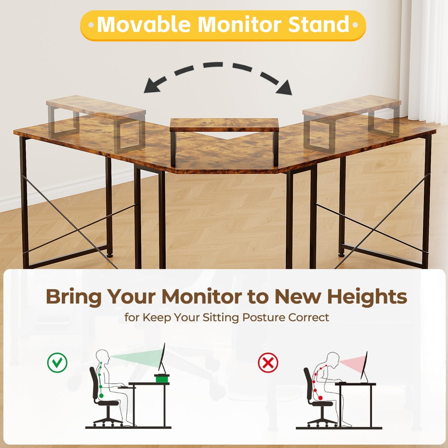 CAIYUN Corner Desk, 50" L Shaped Gaming Desk with Removable Monitor Stand, Computer Desk for Home Office, Metal Frame, Brown