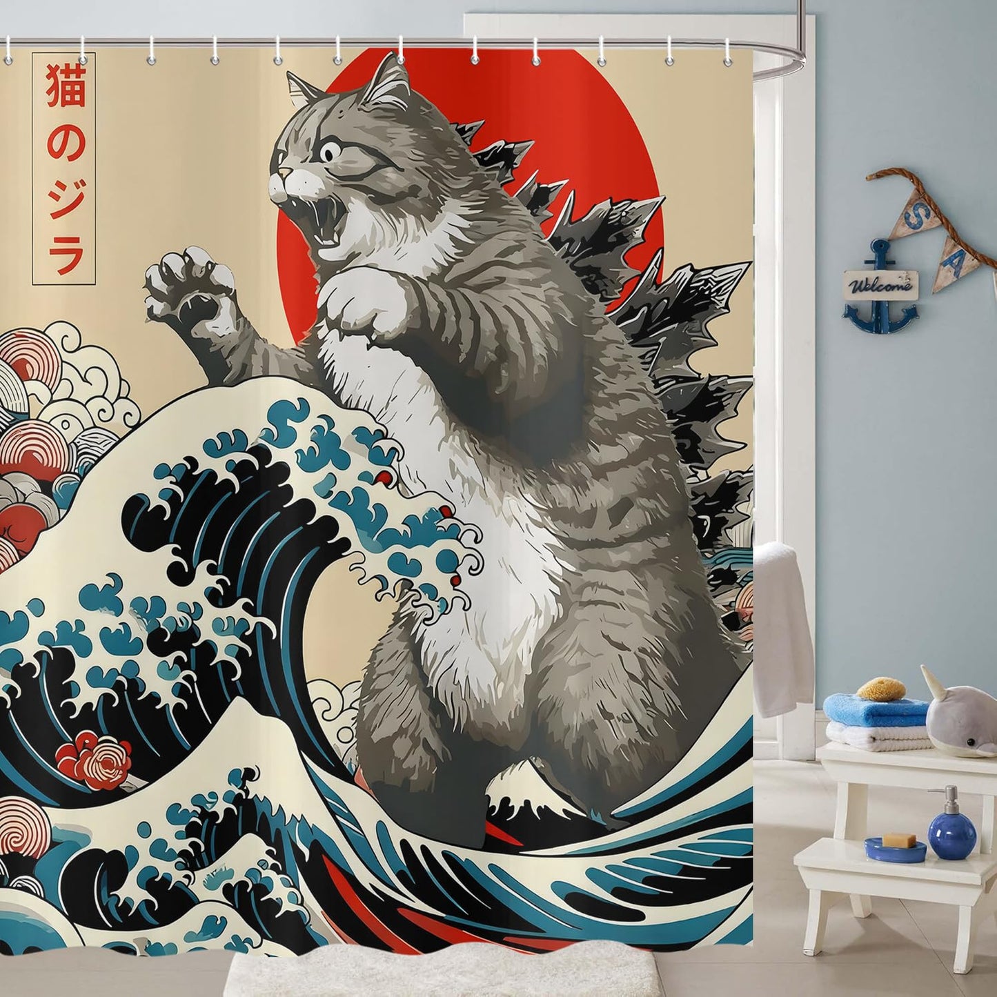 ASDCXZ Japanese Cat Shower Curtain 180x200 cm, Vintage Funny Japan Anime Cat Sun Wave Kids Animal Waterproof Bath Curtain Polyester Textile Washable