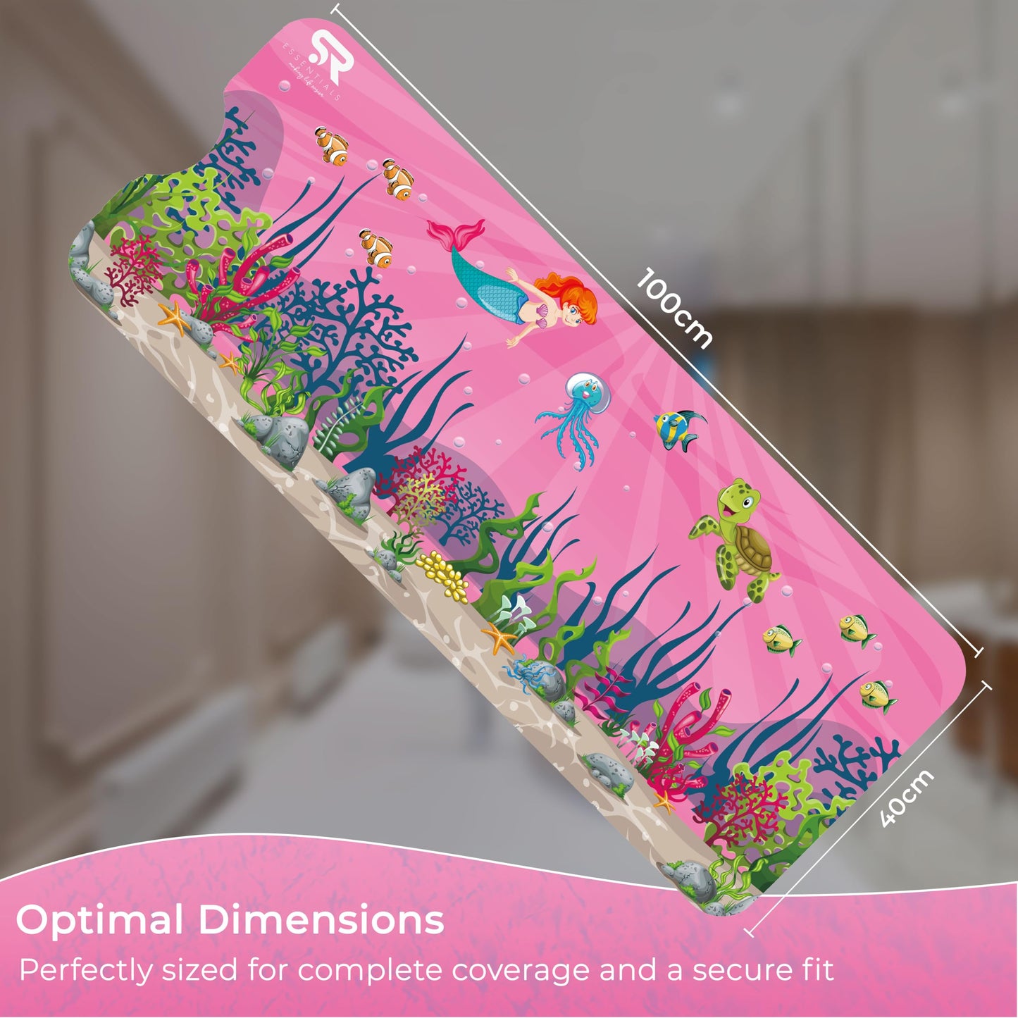 SR ESSENTIALS Baby Bath Mat Non Slip Anti Mould, 100x40cm Extra Long Bath Mat for Kids with Strong Suction Cups, Soft Textured Surface & Drain Holes