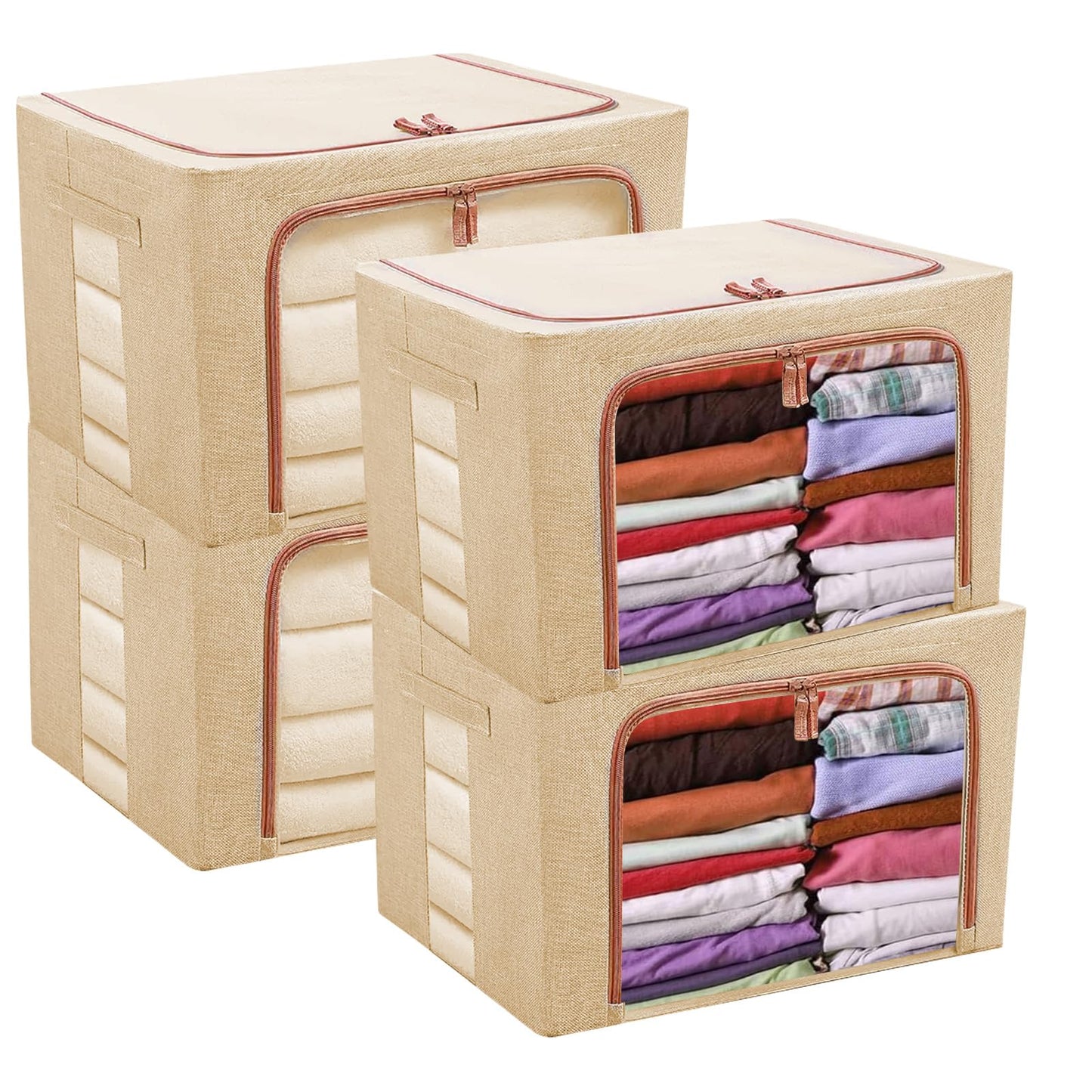 YOUNTHYE 4 Pack Clothes Storage Bags, 24L Foldable Clothes Storage Boxes with Lids, Clear Window & Carry Handles