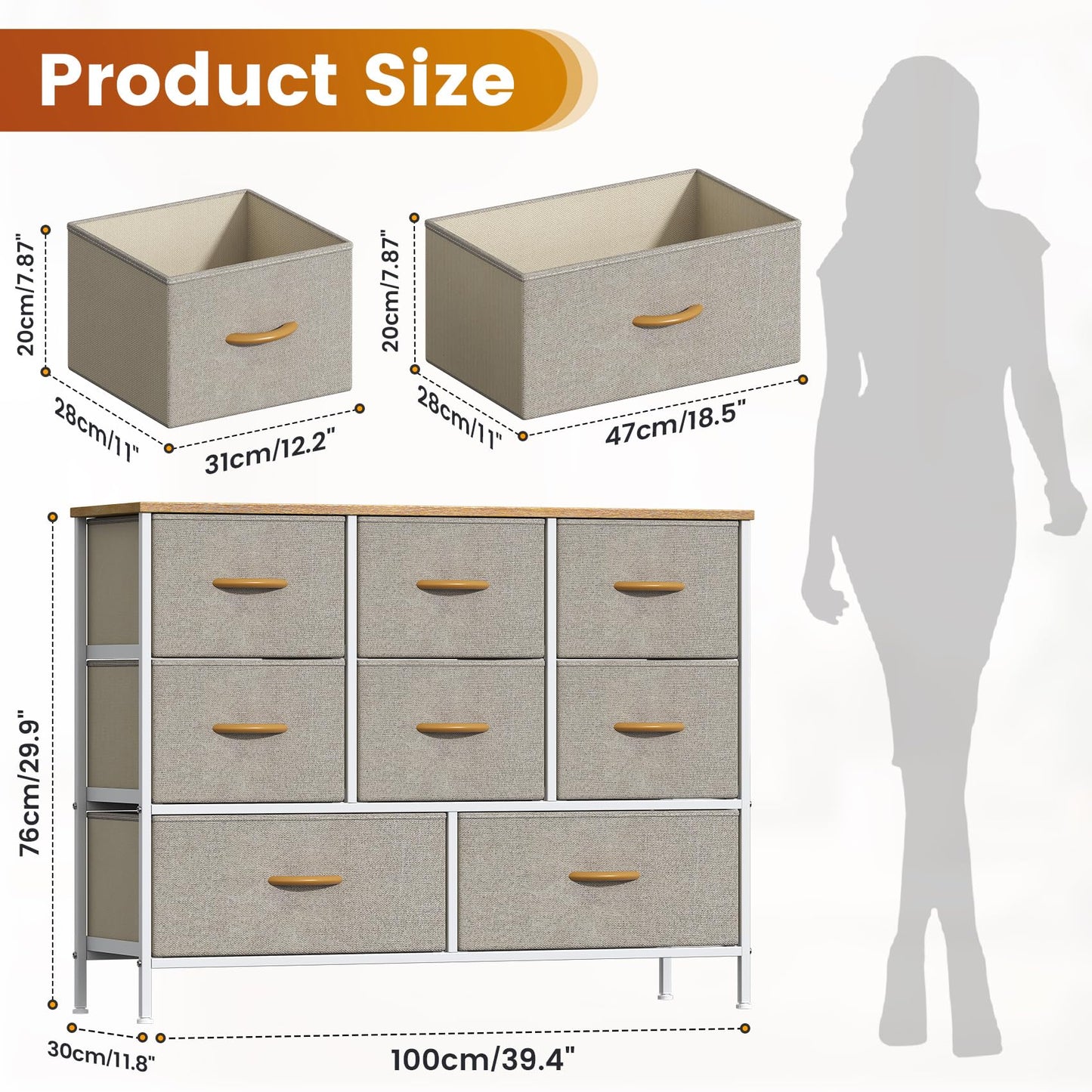 Feonase Chest of Drawers,Bedroom Dresser with 8 Fabric Drawers, Metal Frame & MDF Wood Top, Adjustable Feet, Storage Organizer Unit for Bedroom