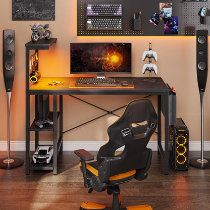 Bestier Computer Desk with Shelves Small Corner Desk with LED Lighting 113CM Reversible Computer Desk Writing Table with Side Pocket Storage Bag &