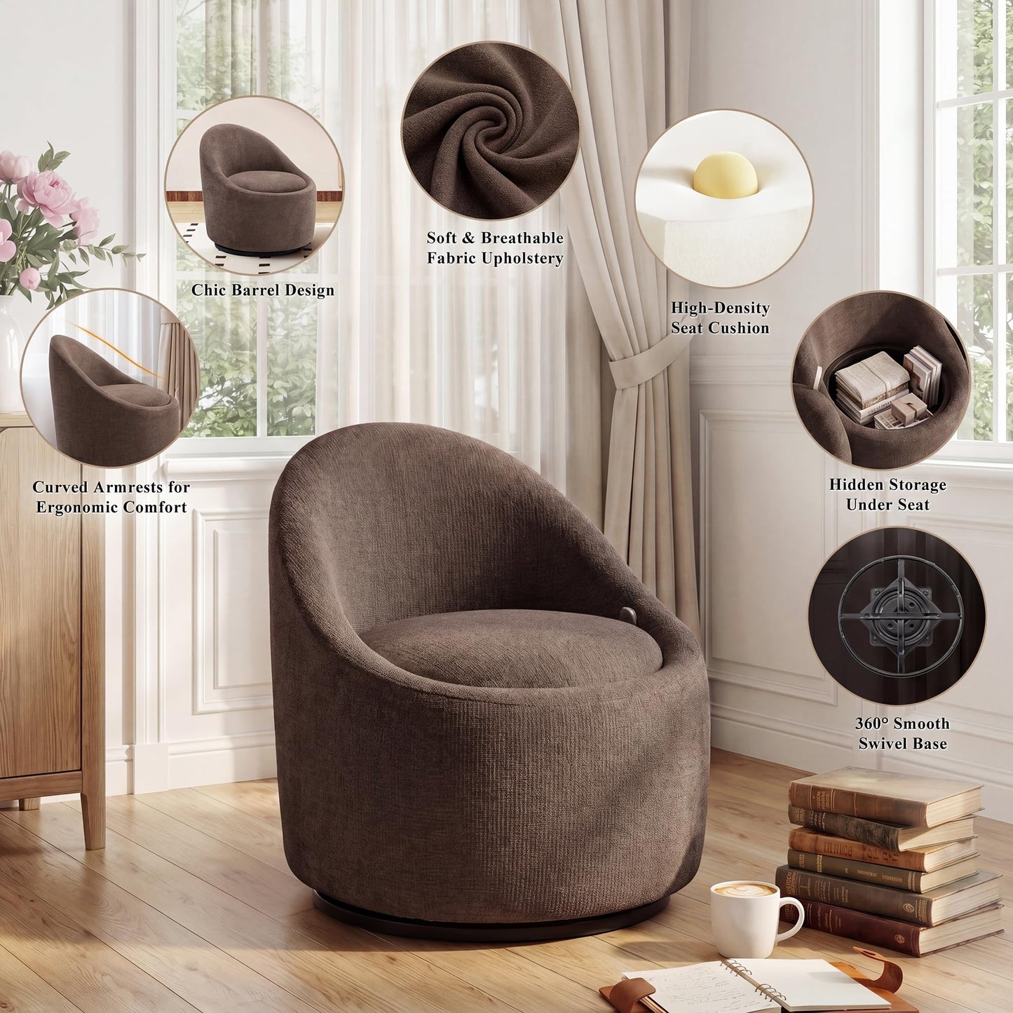 Barrel Swivel Accent Chair with Hidden Storage, 360° Rotating Lounge Chair, Upholstered Breathable Fabric, High Density Foam Seat