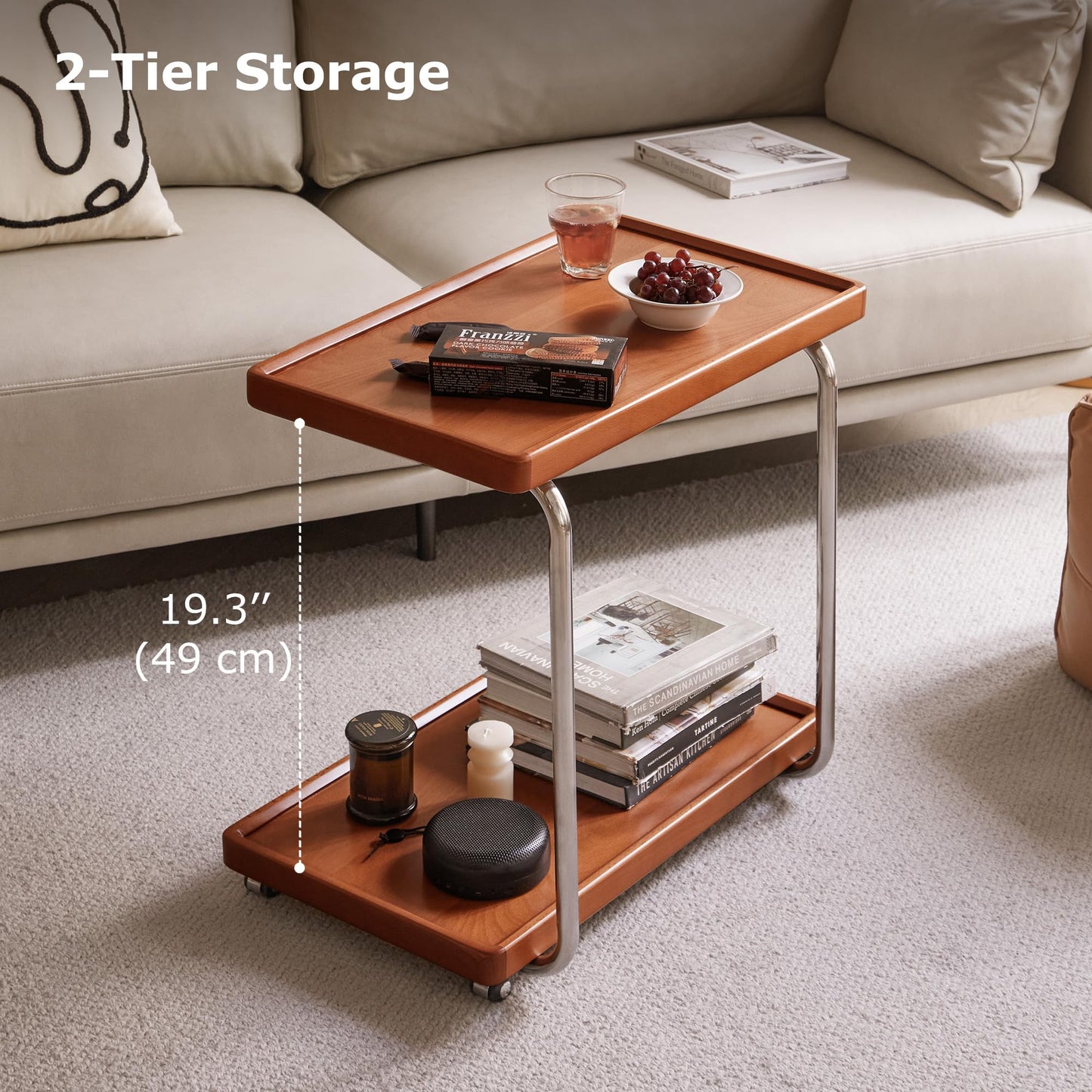 YESWOOD Solid Wood Side Table with Wheels, C Shaped Rolling End Table
