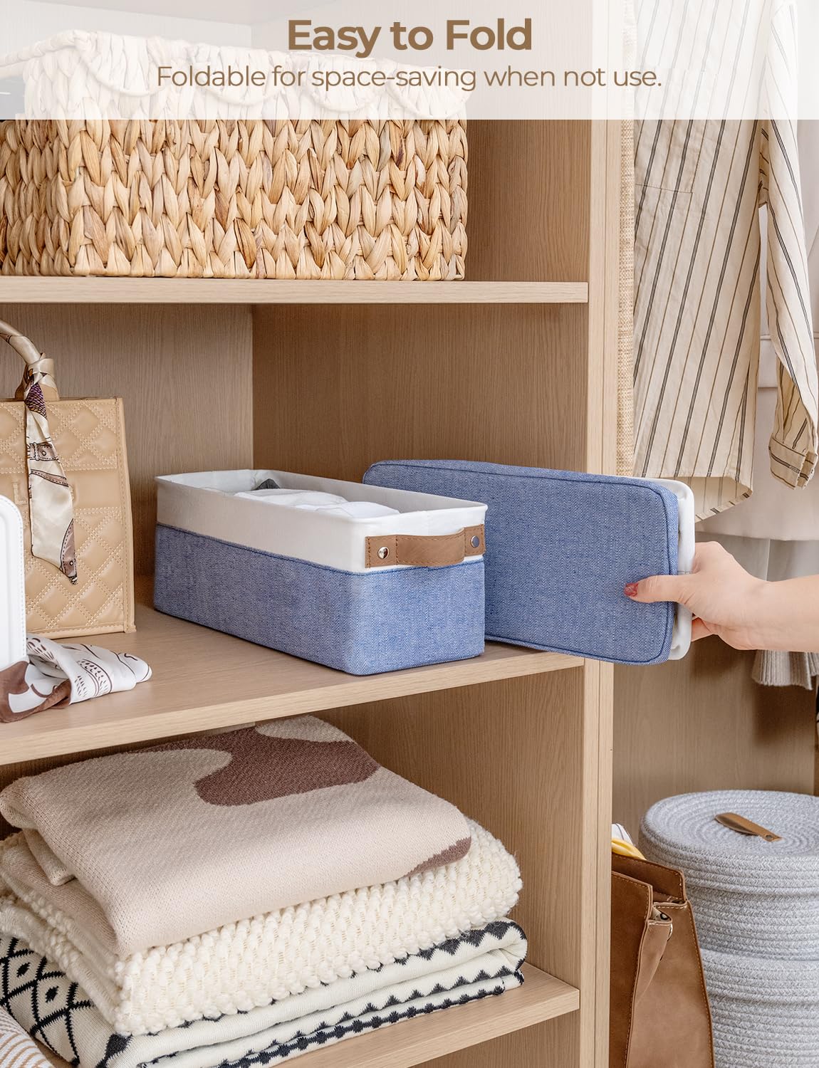 StorageWorks Narrow Storage Basket, Small Fabric Storage for Shelves, Deco Slim Storage Boxes for Clothes, Collapsible Baskets with Handles