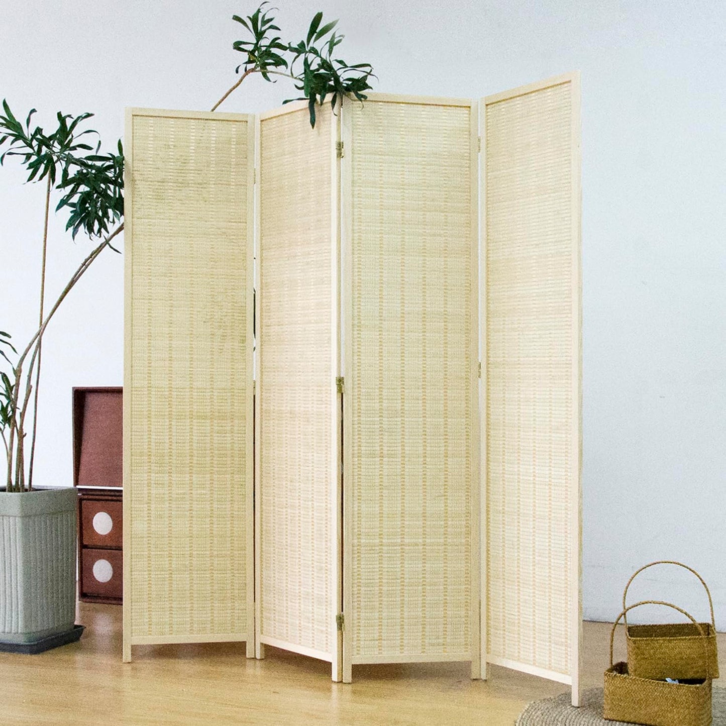 Furnnylane 4 Panel Bamboo Room Divider and Folding Panel Screen,Bamboo Panel Divider for Room Separation,Beige,170 cm H x 156 cm W