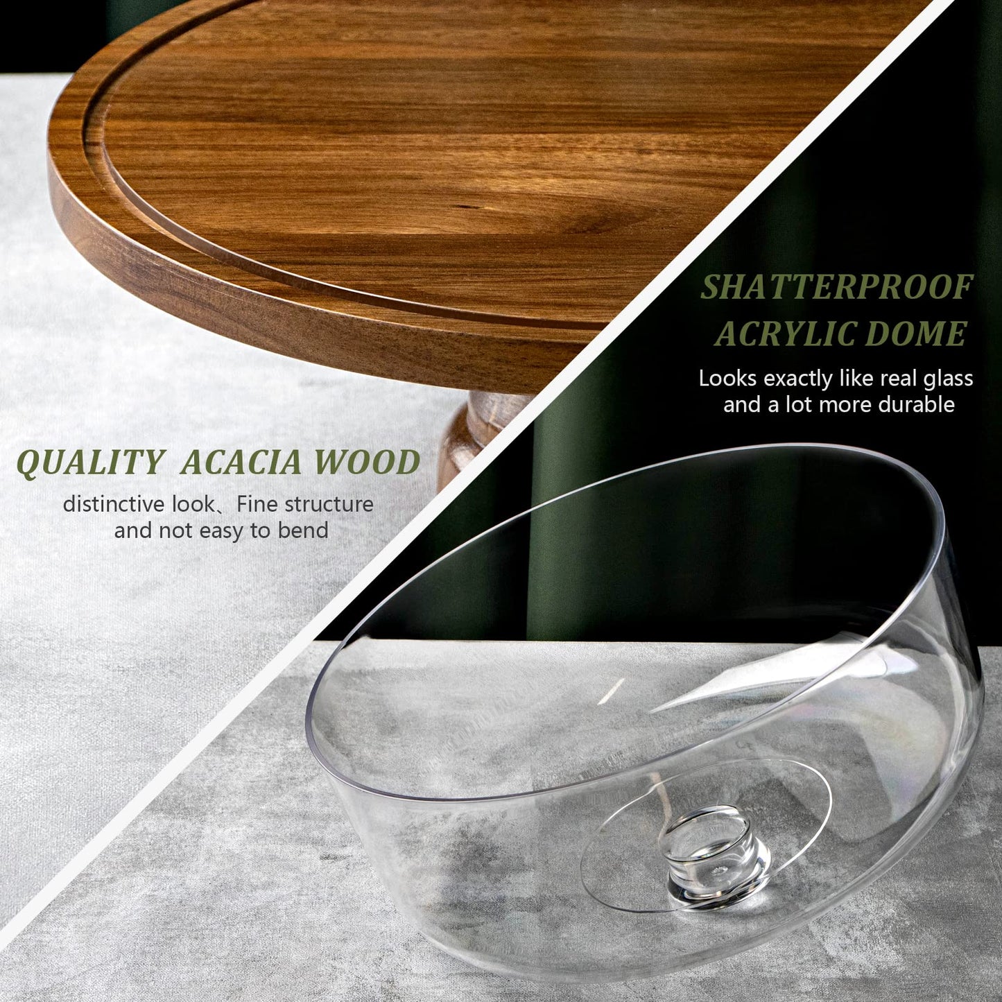 ANBOXIT Cake Stand with Dome Lid, Acacia Wood Cake Plate with Cover, Wooden Cake Display Stand with Acrylic Dome ( Footed )