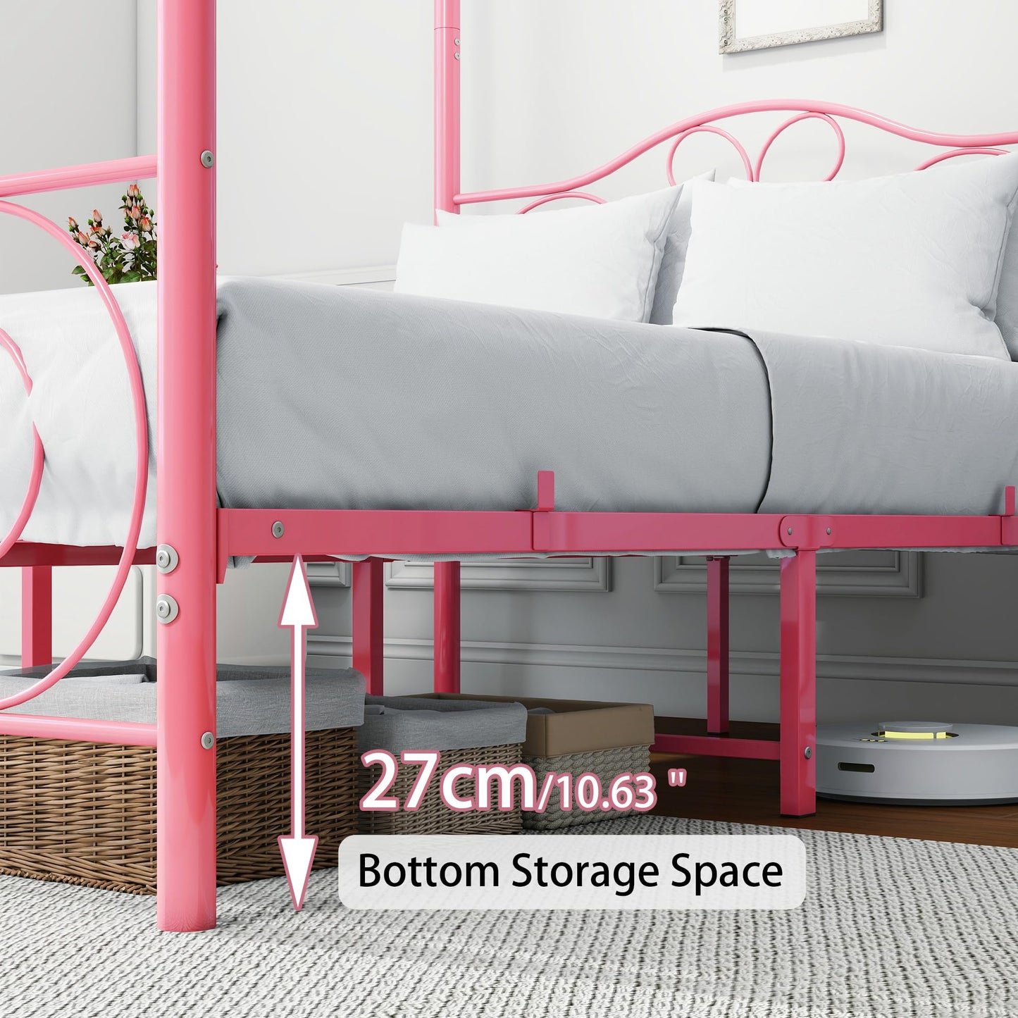 HAHRIR Double Canopy Bed Frame with Vintage Headboard & Footboard, Pink