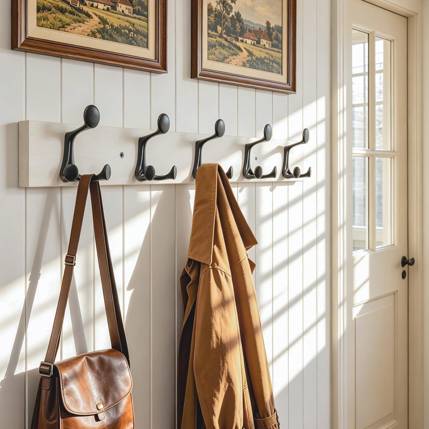 HONSKY Wall Mounted Coat Rack, 76cm White Pine Base, 5 Black Sturdy Aluminium Alloy Triple Hooks(15 Hanging Points)
