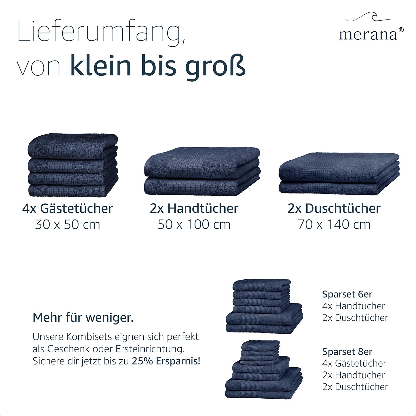 Merana Hand Towel Set Absorbent, Soft and Lint Terry Guest Towel Quality Heavy Organic Cotton 590 GSM, Pacific Blue, 8er Sparset | 2 Duschtuch