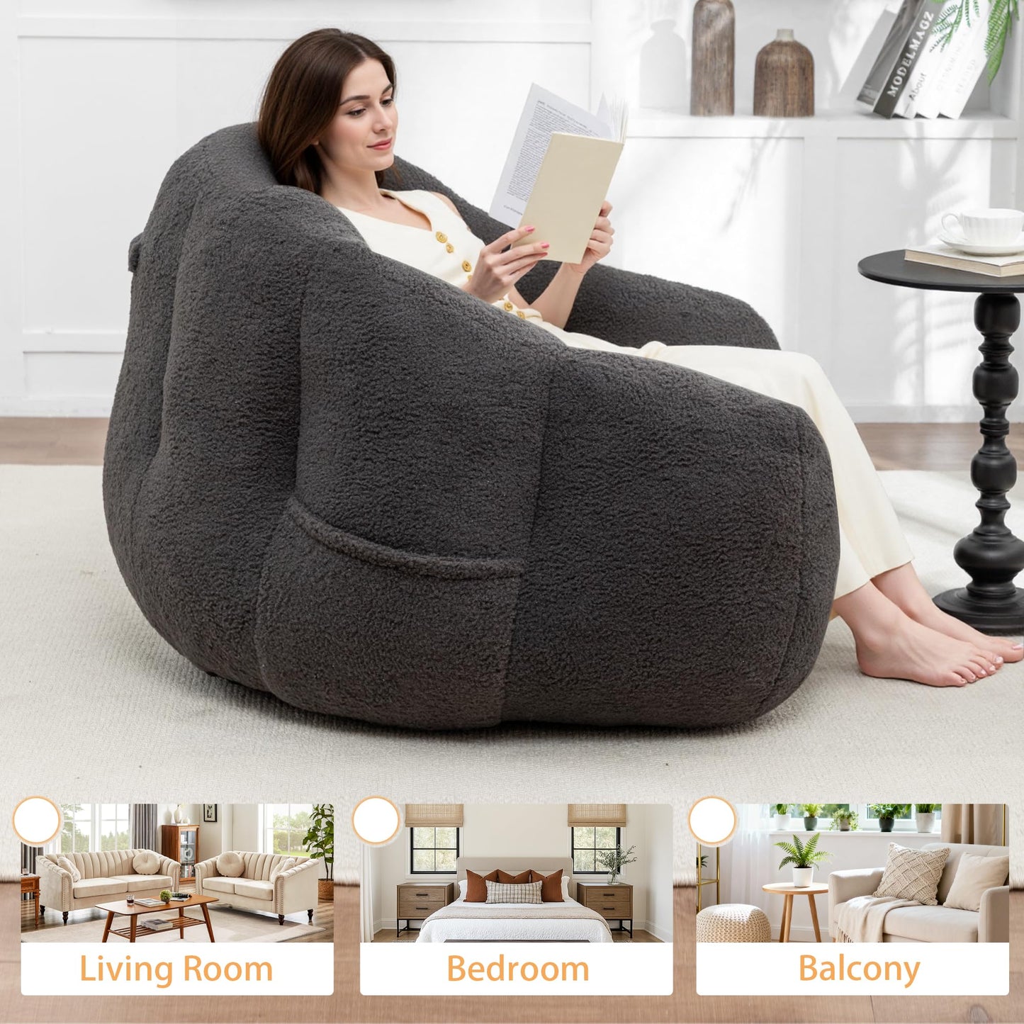 MINCETA Bean Bag Chairs for Adults, Cozy Teddy Bean Bag Chair with Armrest, Oversized Dark Gray Beanbag Chair for Living Room, Bedroom