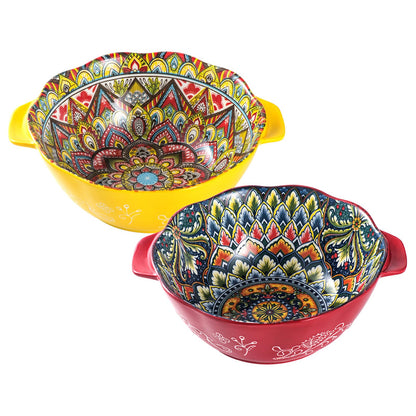 Salad Bowl with Handle, Large Porcelain Serving Bowls Set of 2-49 Oz, 1450ml Bohemian Ceramic Bowl for Ramen/Soup/Fruit/Salad, Colourful Bowl Set -
