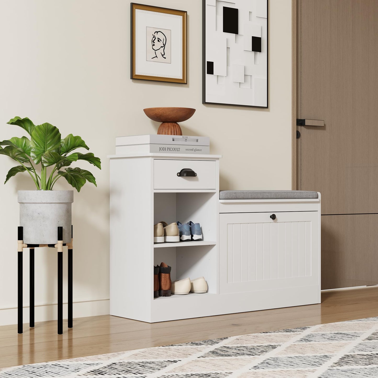 MINCETA Storage Benches, Modern Wooden Shoe Cabinet with Flip Drawer and Adjustable Shelf, Entry way Bench with Padded Seat Cushion for Entryway
