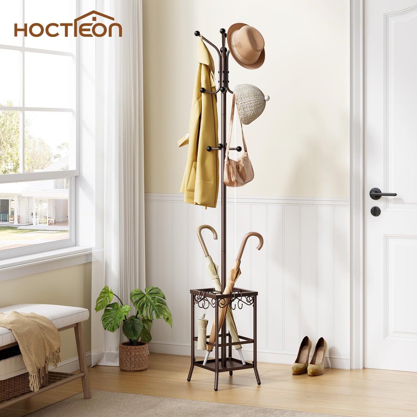 Hoctieon Coat Rack Freestanding, Coat Tree with Umbrella Holder, Metal Coat Rack Stand with 12 Hooks, Standing Coat Hanger Stand