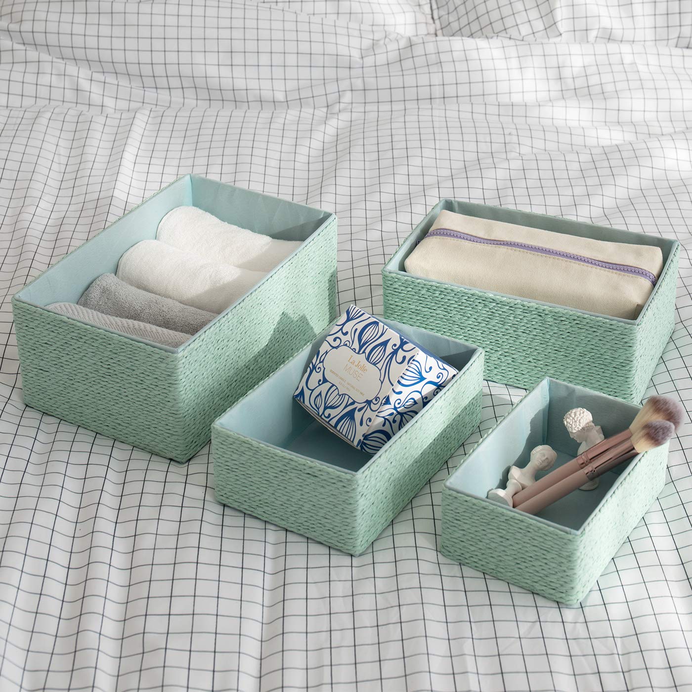 LA JOLIE MUSE Paper Rope Woven Storage Basket Set of 4 with Fabric Liner, Stackable Multipurpose Organizer Bin, Mint Green