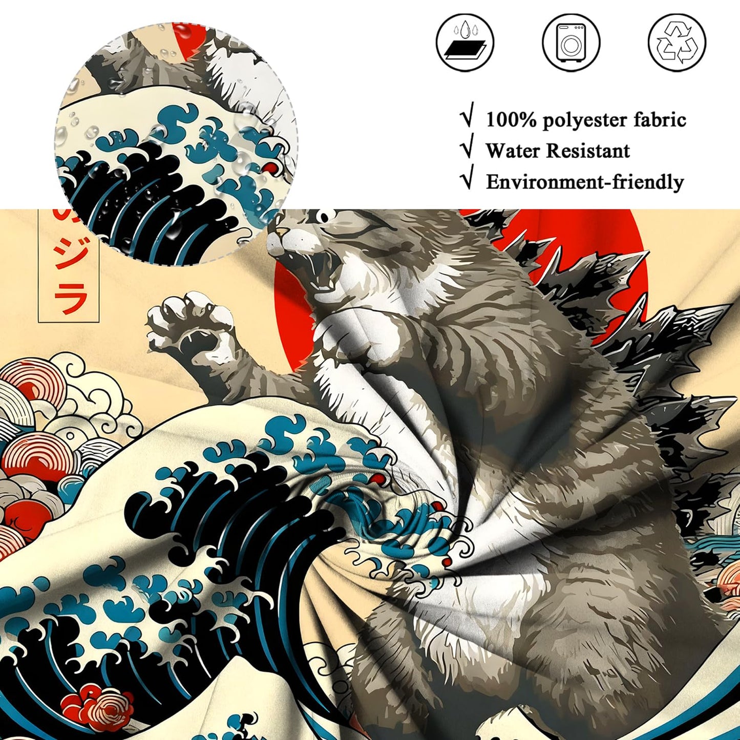 ASDCXZ Japanese Cat Shower Curtain 180x200 cm, Vintage Funny Japan Anime Cat Sun Wave Kids Animal Waterproof Bath Curtain Polyester Textile Washable