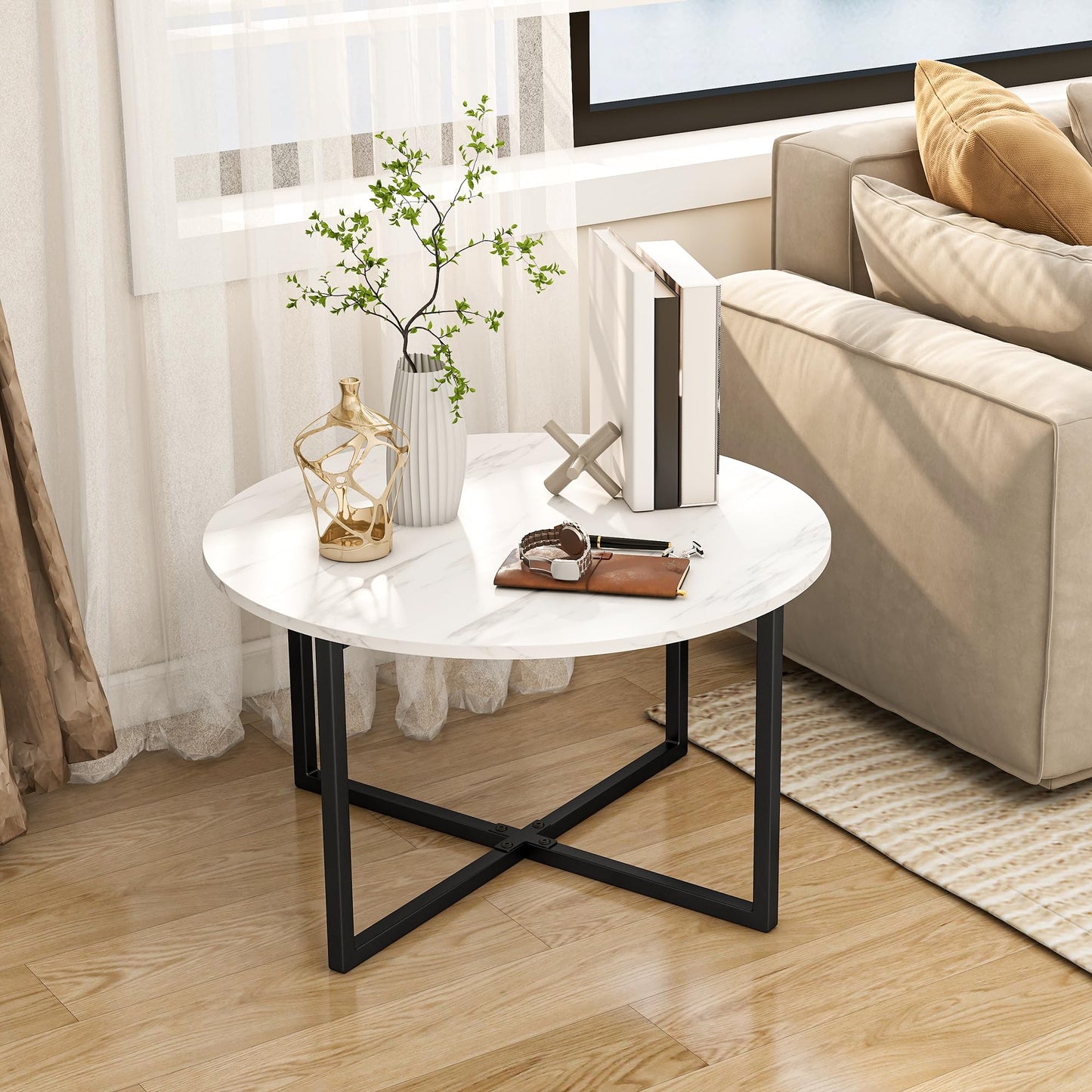 BOFENG Round Coffee Table Tea Table End Table Sofa Table for Living Room with Metal Legs,Black+White