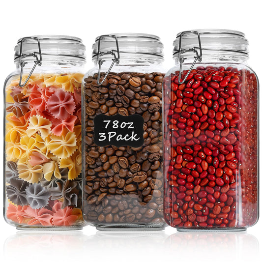 ComSaf Glass Storage Jars with Lids 2300ML Food Canisters Set of 3 - Airtight Clear Preserving Seal Wide Mouth Containers with Wire Clip Fastening for