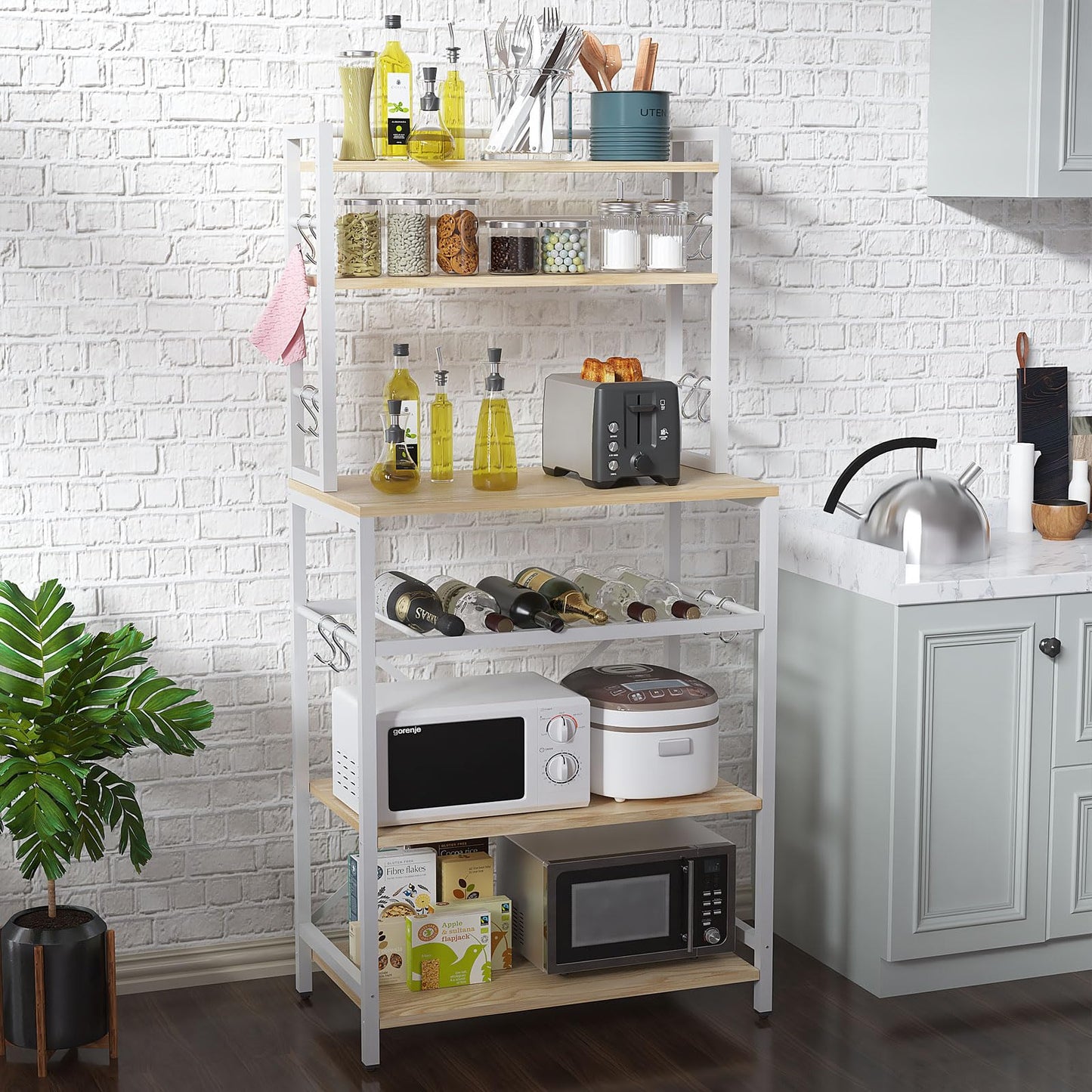 YMYNY Kitchen Baker's Rack, Microwave Oven Stand with Storage Shelves, Industrial Coffee Bar Station, with Adjustable Wine Holders and 12 S-Hooks