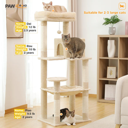 PAWZ Road Cat Tree 143cm, Big Cat Tower 56.3 Inches with Hammock and Lovely House, Activity Center Stable and Sturdy Size L Beige