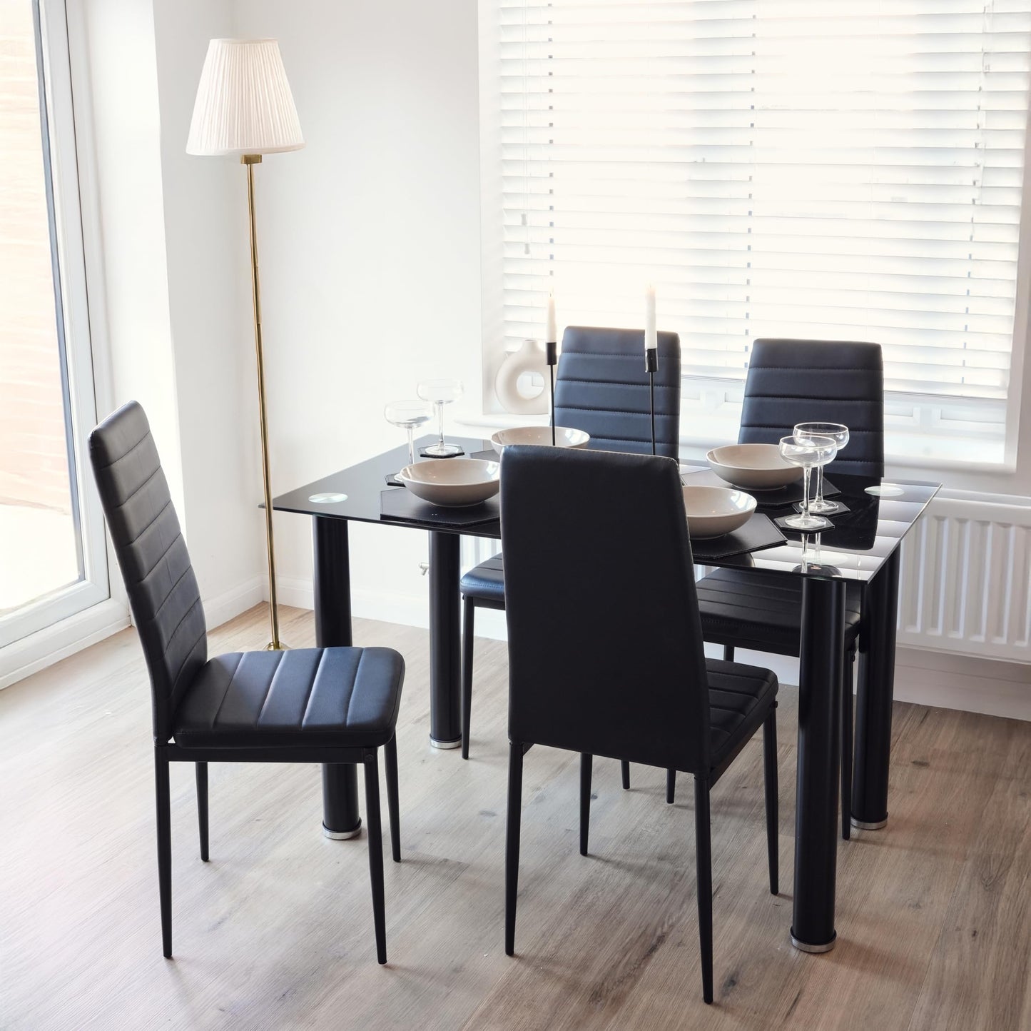 Bravich Dining Table and Chairs Set of 4, Black Tempered Glass 4 Seater Dining Table with High Back PU Leather Chairs
