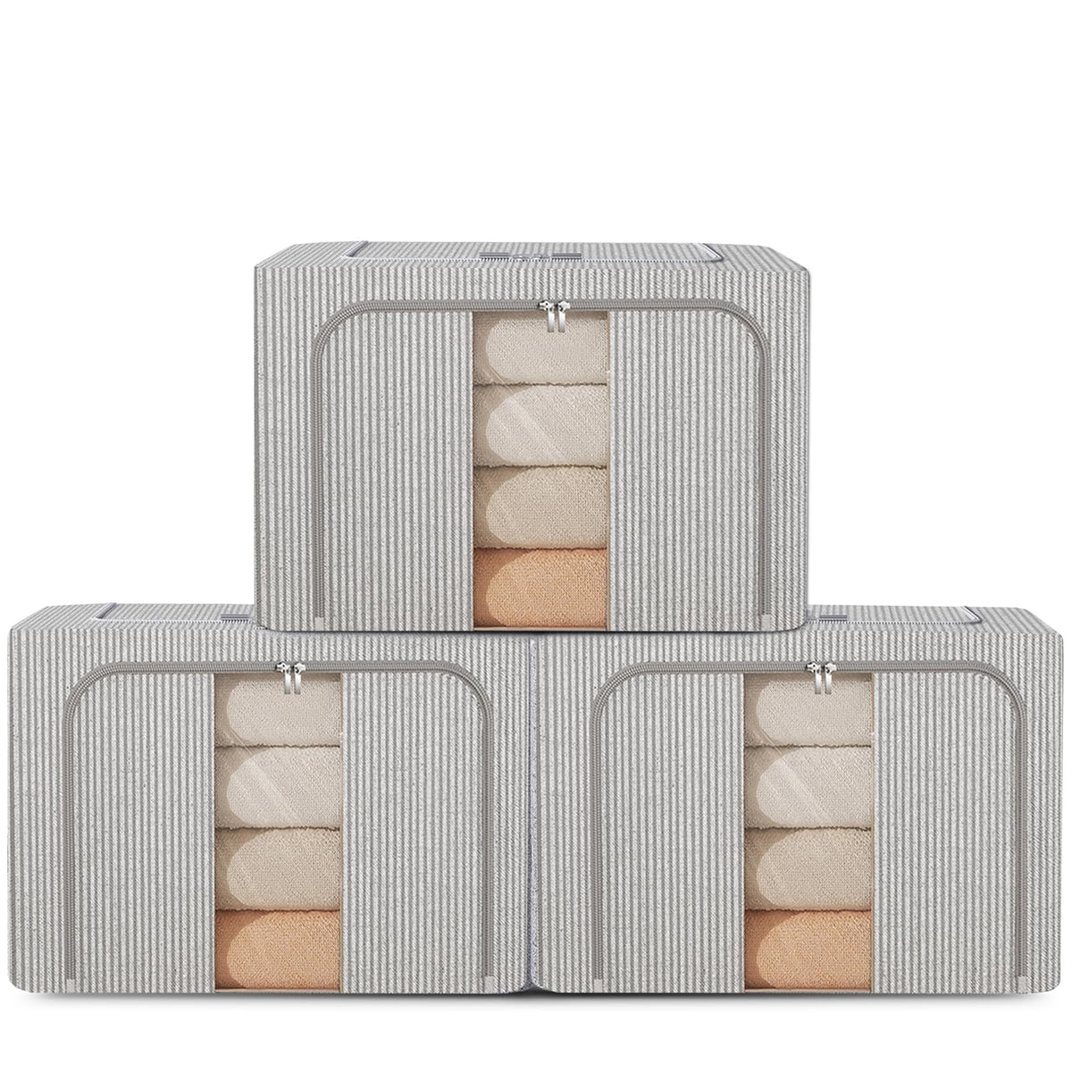 FYTXSZ Clothes Storage Boxes 66L with Metal Frame, Foldable Fabric Storage Bins with Lid and Clear Window