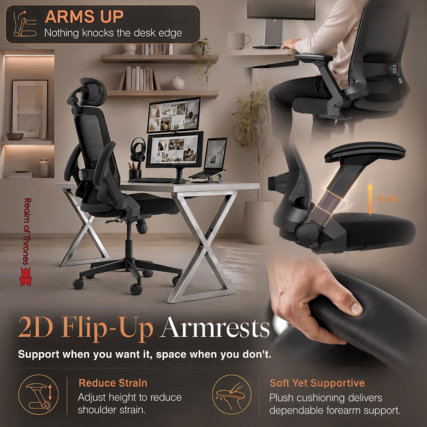 Realm of Thrones Ergonomic Office Chair, 2D Flip-Up Armrests, Small Spaces