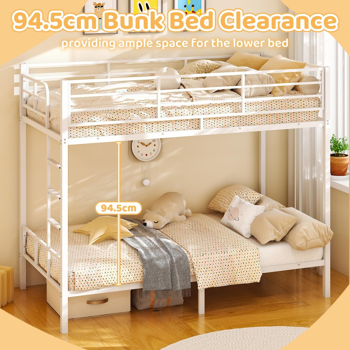 Bonnlo Metal Bunk Bed, Single over Single Loft Bed Frame with 38cm High Full-Length Guardrail & Non-Slip Ladder, Space-Saving Twin Over Twin Bunk Bed