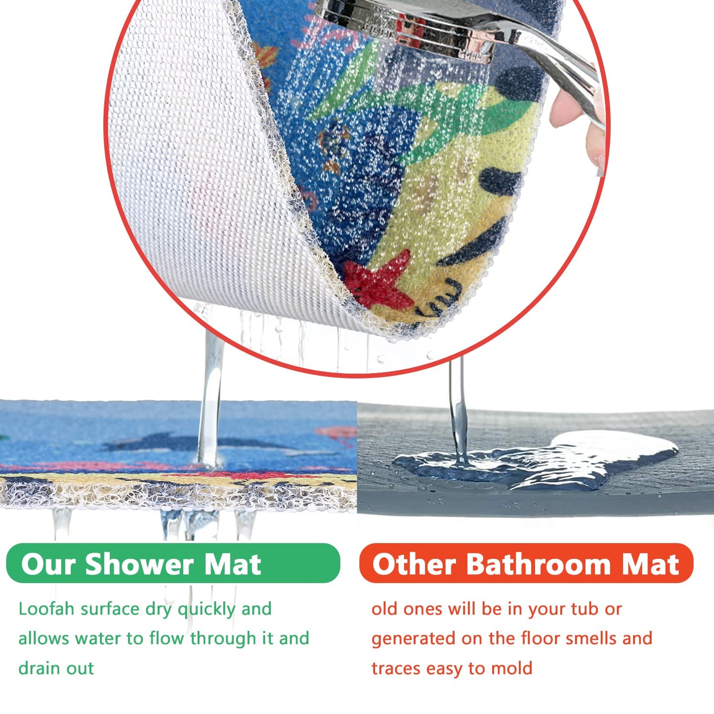 Square Shower Mat 60x60 cm, Loofah Shower Mats for Inside Shower, Non Slip Anti Mould Bath Mat
