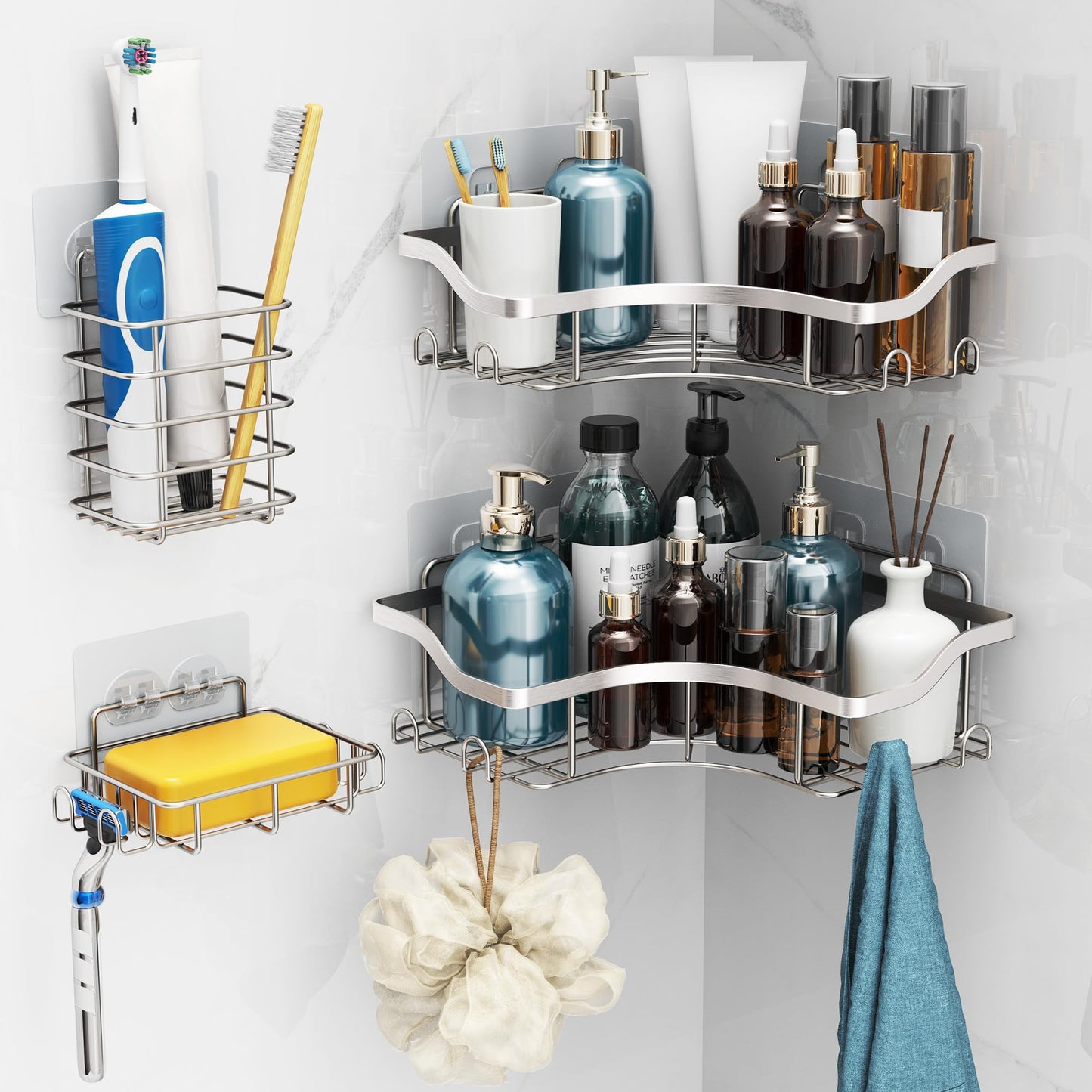 OETAMS Shower Caddy Corner with Soap Holder, 4 Pack Shower Organizer Sliver