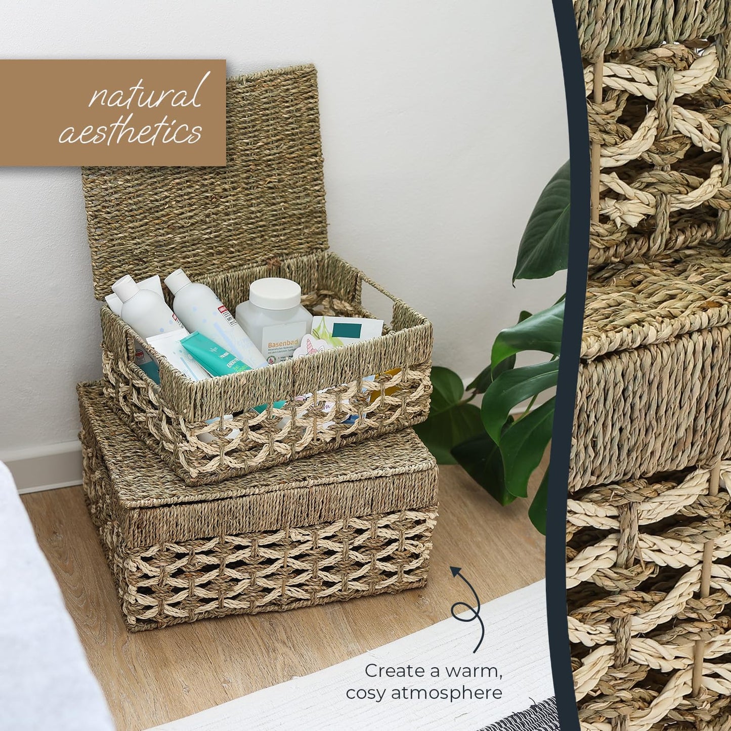 HMF Set of 3 Storage Baskets with Lid, Seagrass and Palm Leaf Wicker Baskets | Small, Medium, Large
