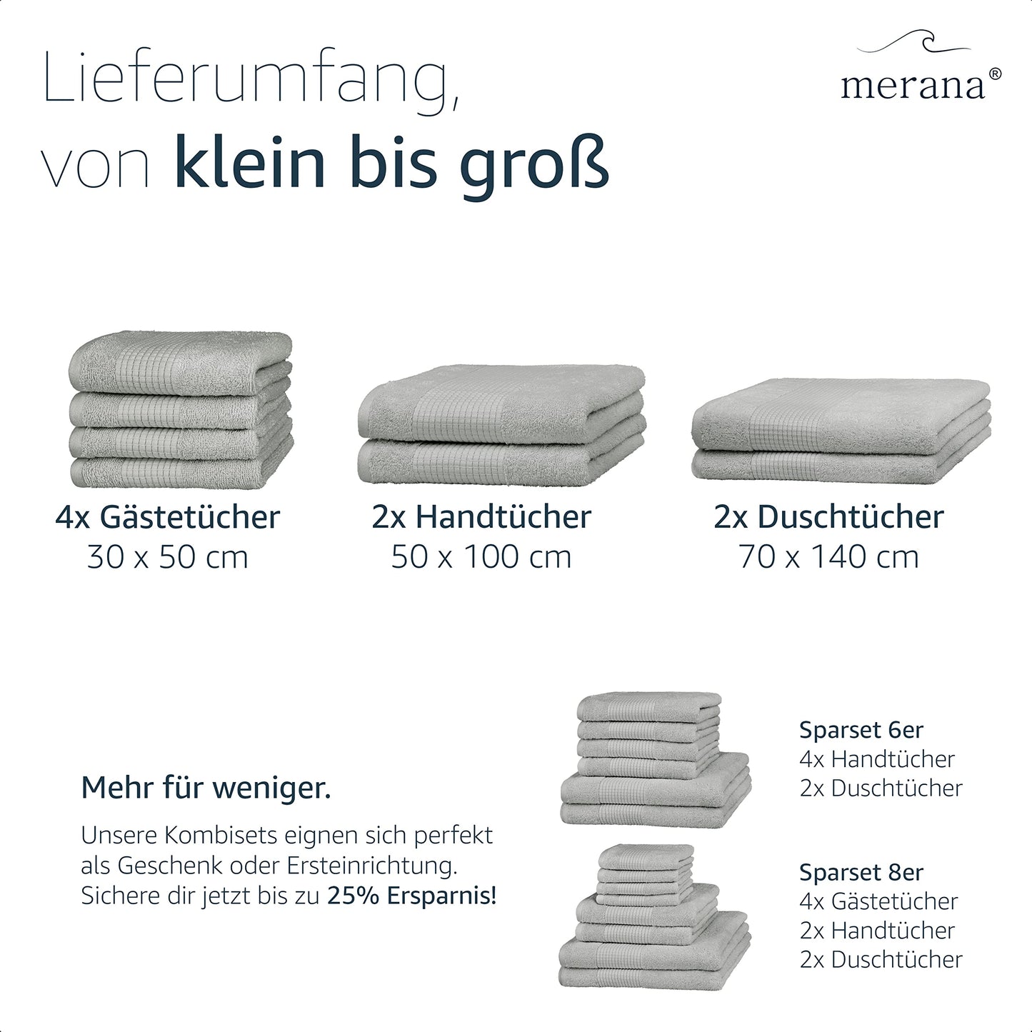 Merana Hand Towel Set, Absorbent, Soft and Lint Terry Towel Quality Made of Heavy Organic Cotton 590 GSM (Dolphin Grey, 2 x Bath Towels (70 x 140 cm)
