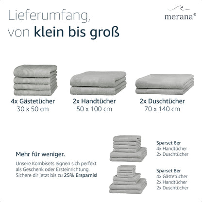 Merana Hand Towel Set, Absorbent, Soft and Lint Terry Towel Quality Made of Heavy Organic Cotton 590 GSM Dolphin Grey, 2 x Bath Towels 70 x 140 cm