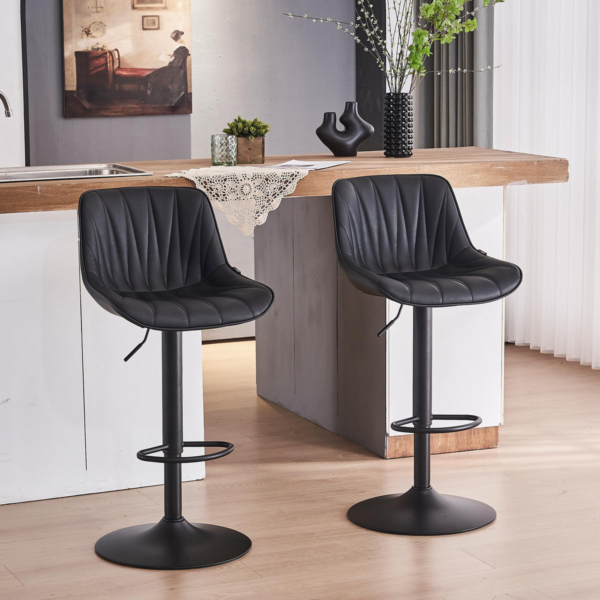 YOUNIKE Bar Stools Set of 2 Black, Swivel Adjustable Tall Barstools, Faux Leather Padded Bar Chair with Back, Modern Counter Stools for Kitchen Island