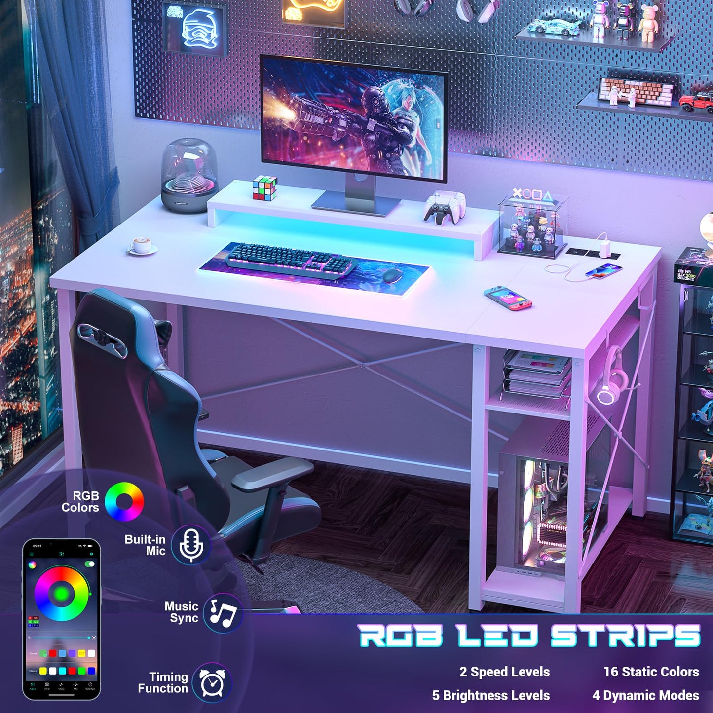 iSunirm Gaming Desk with LED Lights & Power Outlet, Reversible Computer Desk with Moveable Monitor Stand