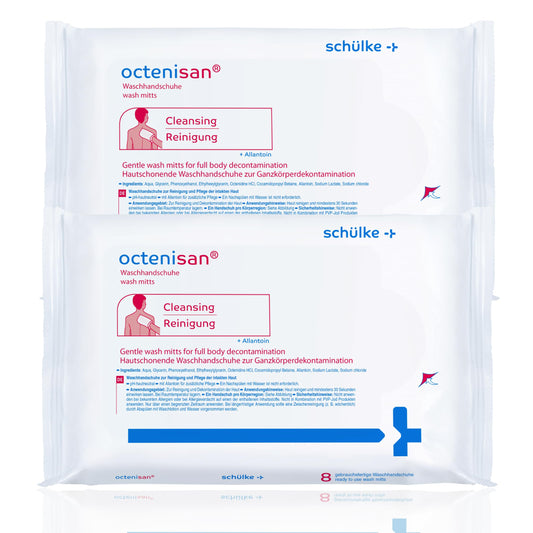 Octenisan Antimicrobial Wash Mitts 2 Pack - Total 16 Single-Use Octenisan Wash Mitts, Gentle & No-Rinse Formula - Ideal for Sensitive Skin,
