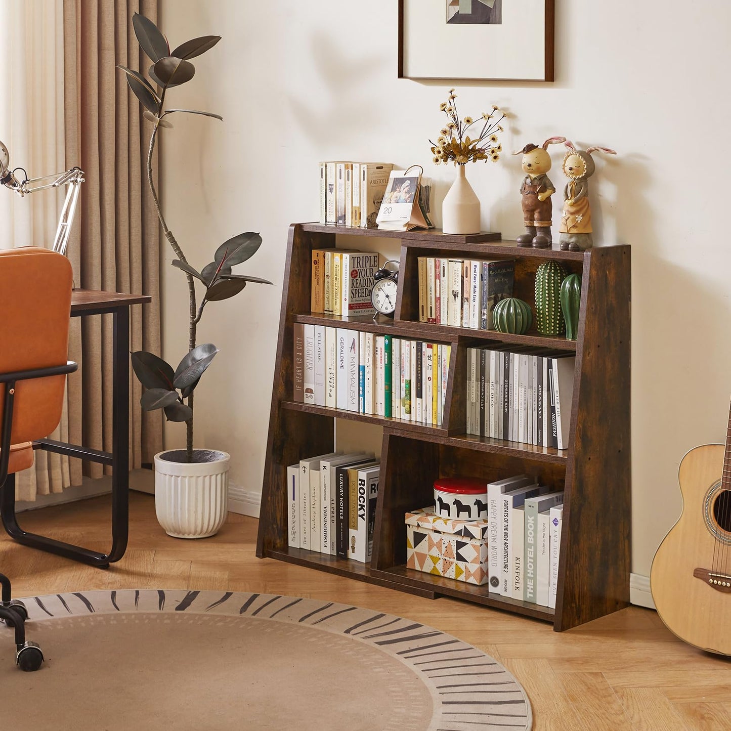 Aibiju Wooden Expandable Bookcase, 3-Tier Ladder Open Storage Bookshelf with 6 Compartments, Freestanding Storage Shelf for Living Room, Home Office