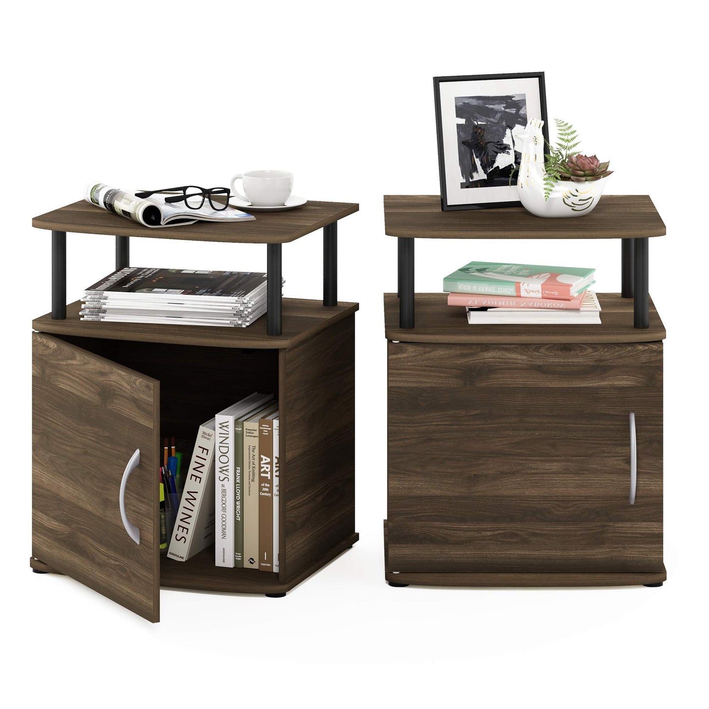 Furinno JAYA Side Table Set of 2, 2-Tier Open Shelf End Table with Door Cabinet, Soft-edges Night Stand, Bedside Table, for Living Room, Bedroom
