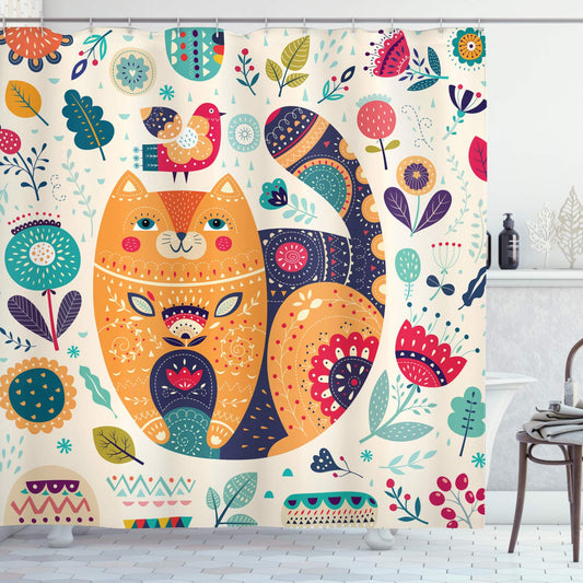 ABAKUHAUS Paisley Shower Curtain, Little Smiling Cheek Cat Animal Various Oriental Leaf Flower Artwork, Cloth Fabric Bathroom Decor Set with Hooks, 70